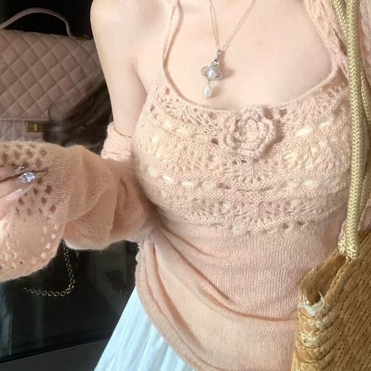 镂空设计感短款针织开衫显瘦挂脖吊带背心女2025早秋新款时尚套装|undefined