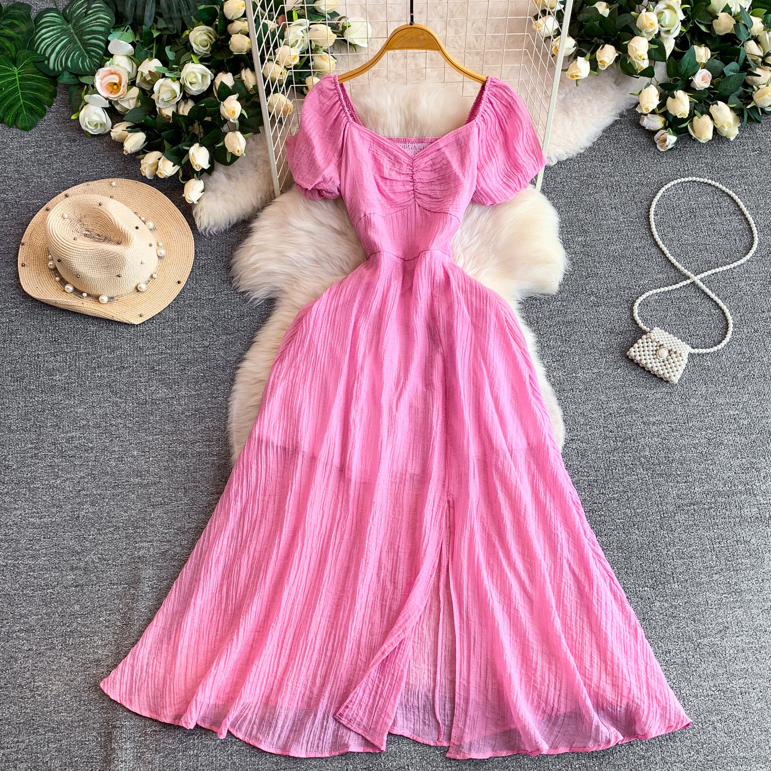 Women's French Style Elegant Square Neck Puff Sleeve Dress Casual Slit Long Skirt Pleated Waist Slimming Summer Style_ecoleips.com