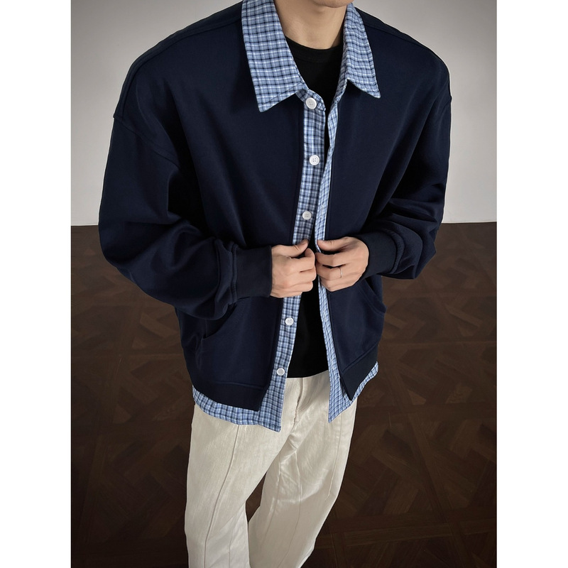 Spring and Autumn Plaid Patchwork Cleanfit Lazy Style Couple's Jacket American Retro Fake Two-Piece Sweatshirt Cardigan Spring and Autumn Plaid Patchwork Cleanfit Lazy Style Couple's Jacket American Retro Fake Two-Piece Sweatshirt Cardigan