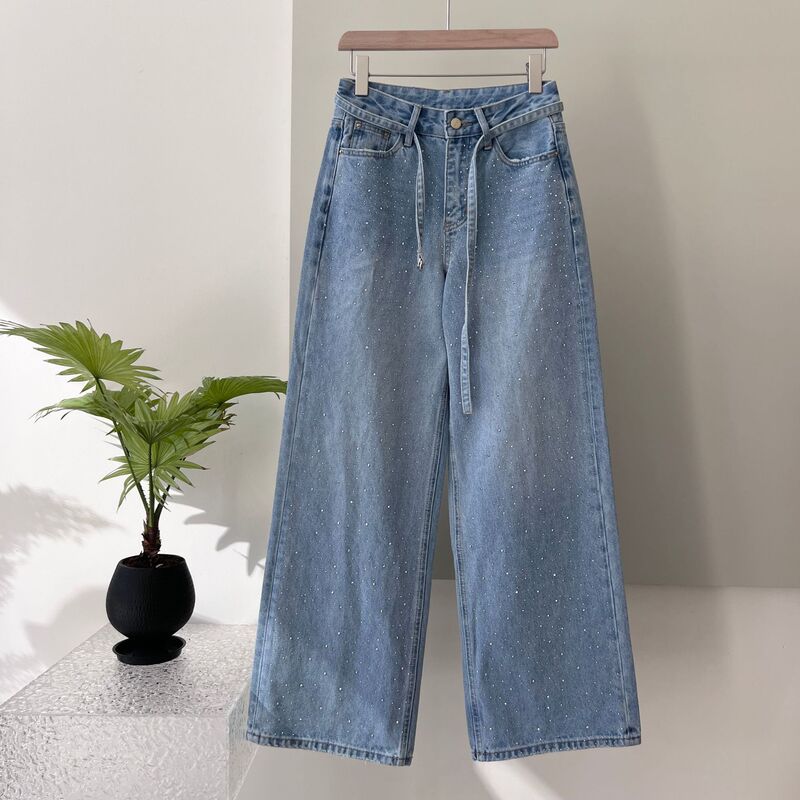 Ready in Stock, Sparkling ~ Hot Diamond Popular High-Waisted Loose Straight Wide-Leg Jeans 10947