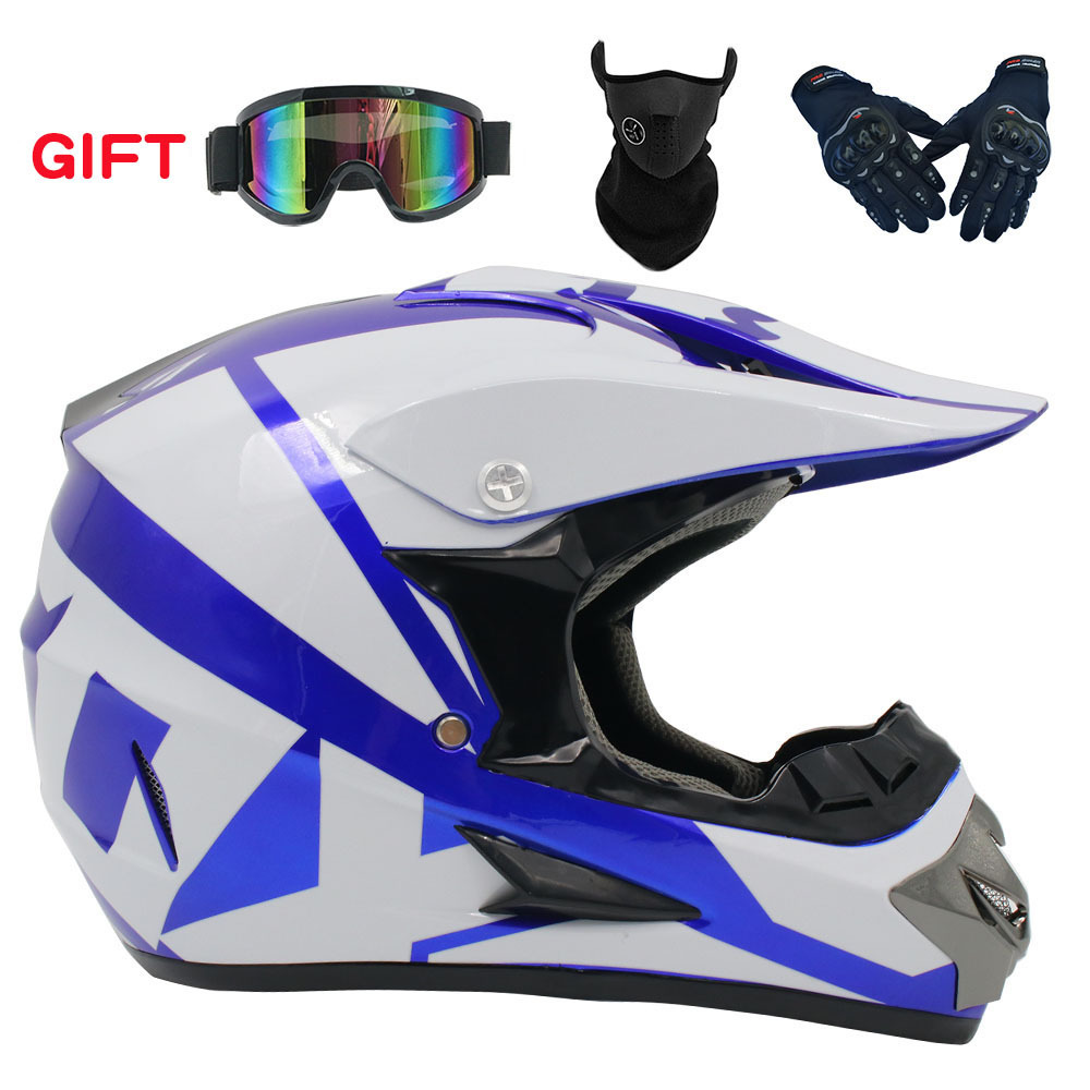 Motosiklet kaskı (dəbilqə) – Motuoche Helmet with Goggles - blue-white-21-goggles-mask-black-gloves-s