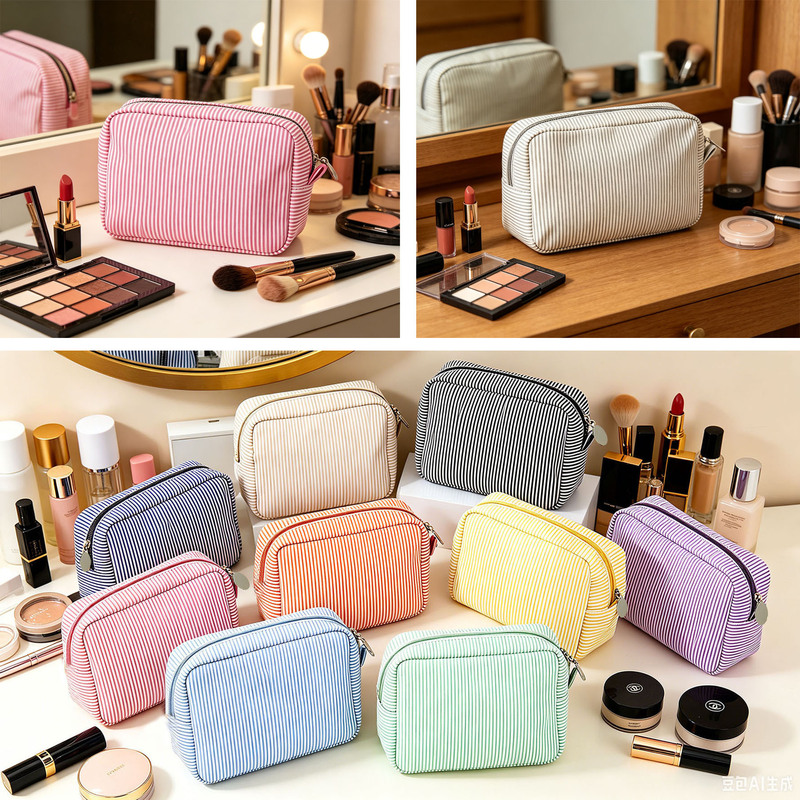 Cross-Border European and American Style Fine Striped Seersucker Large Indian-Style Trendy Storage Makeup Bag Cross-Border European and American Style Fine Striped Seersucker Large Indian-Style Trendy Storage Makeup Bag
