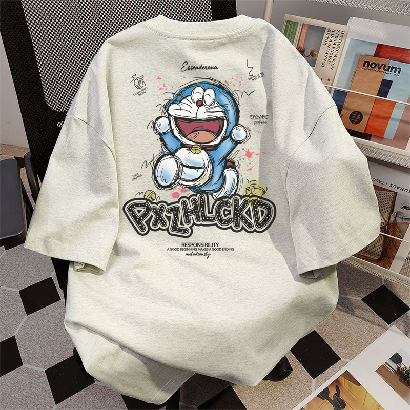 Heavy Cotton American Style Doraemon Printed Short-sleeved Men's T-shirt Summer Loose Duffian Handsome Couples Half-sleeved T-shirt