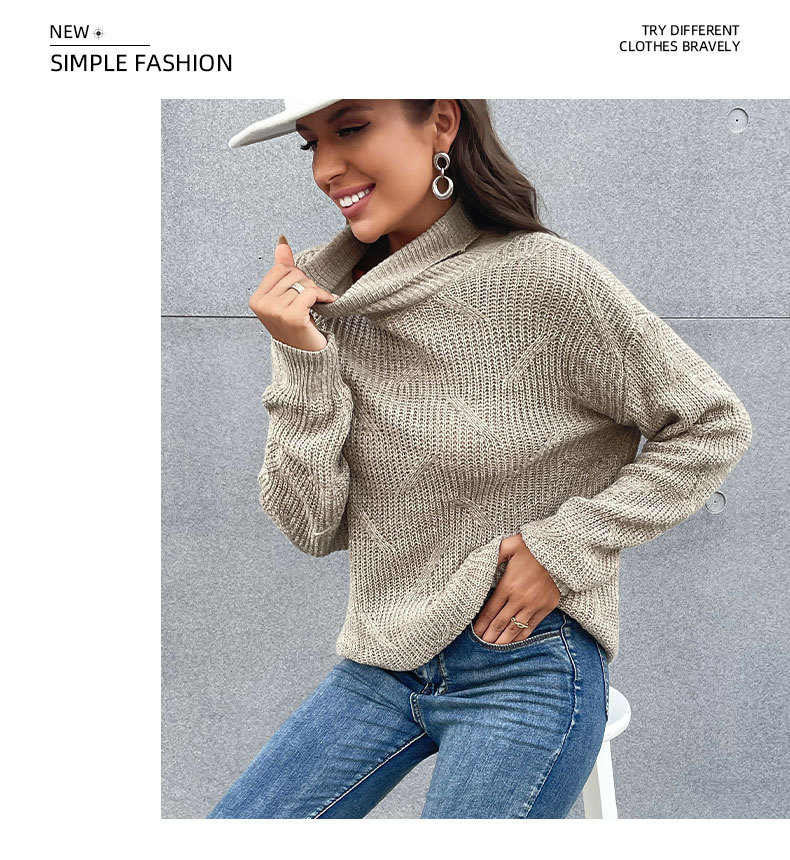 Einfarbiger, lockerer, langärmliger Rollkragenpullover_voghion.com