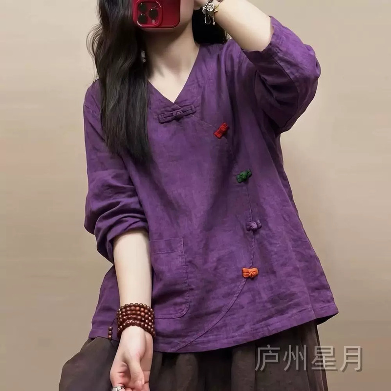 New Chinese-style retro button-down cotton and linen long-sleeve T-shirt for women, versatile, artistic, colorful, 2026 autumn casual slim-fit top New Chinese-style retro button-down cotton and linen long-sleeve T-shirt for women, versatile, artistic, colorful, 2026 autumn casual slim-fit top