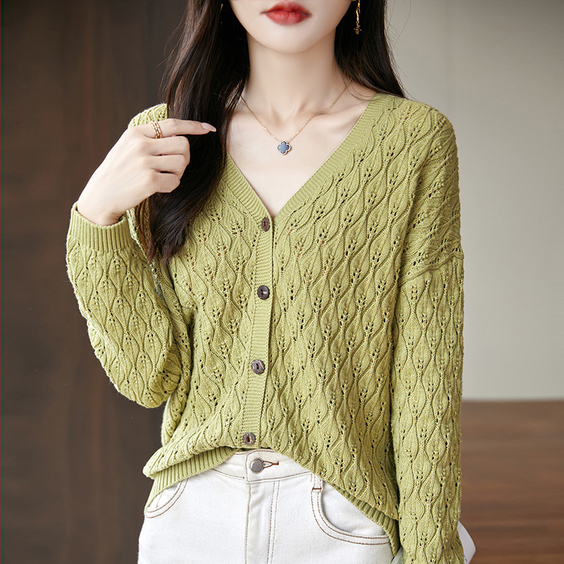 2024 New Autumn Hollow Cardigan V-neck Stylike Top Cotton plus size Women's Sweater Coat Women
