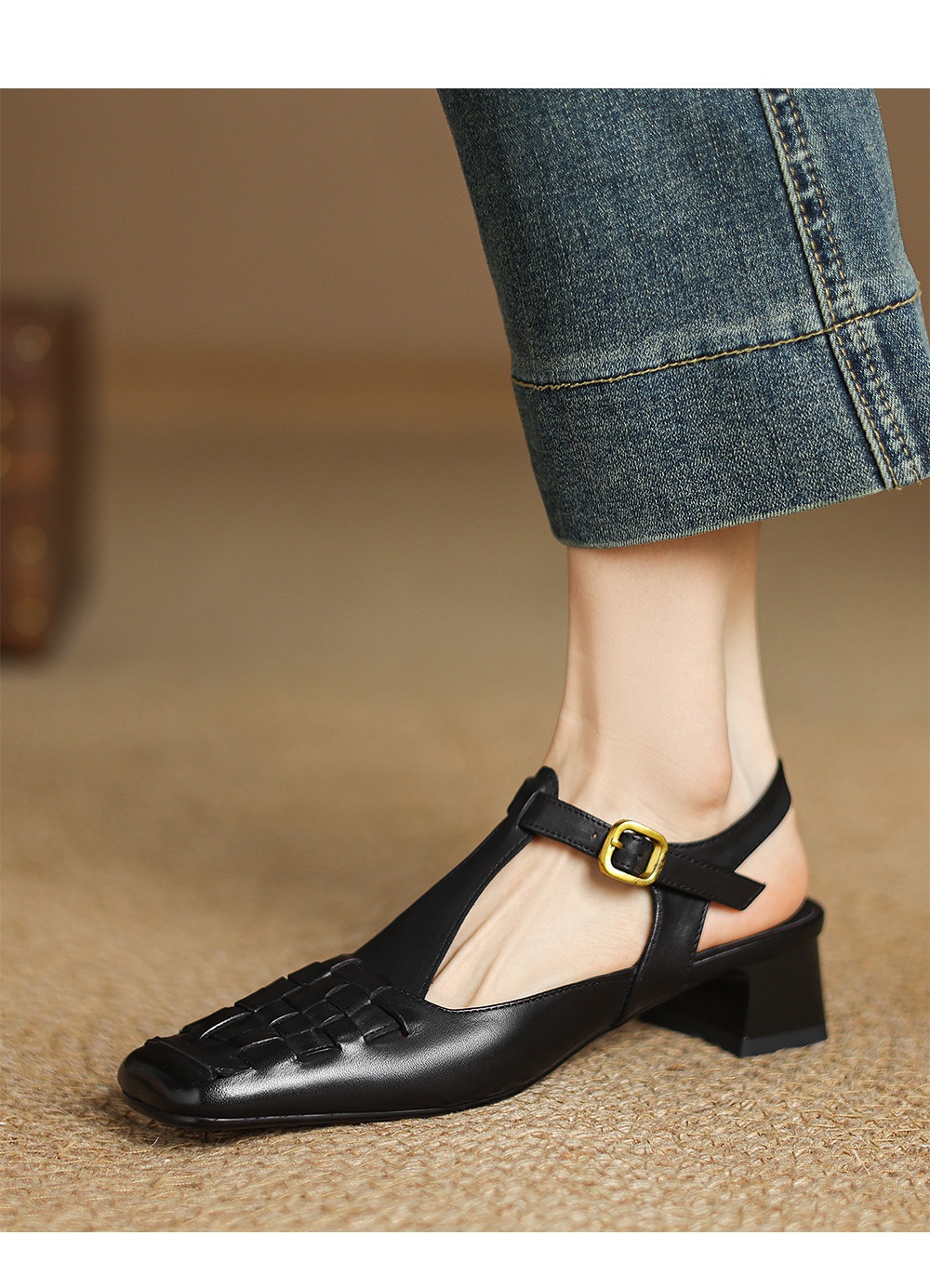 Sandal Mary Jane nữ mũi vuông da bò gót thấp quai chữ T đan dây — đen chi tiết 9