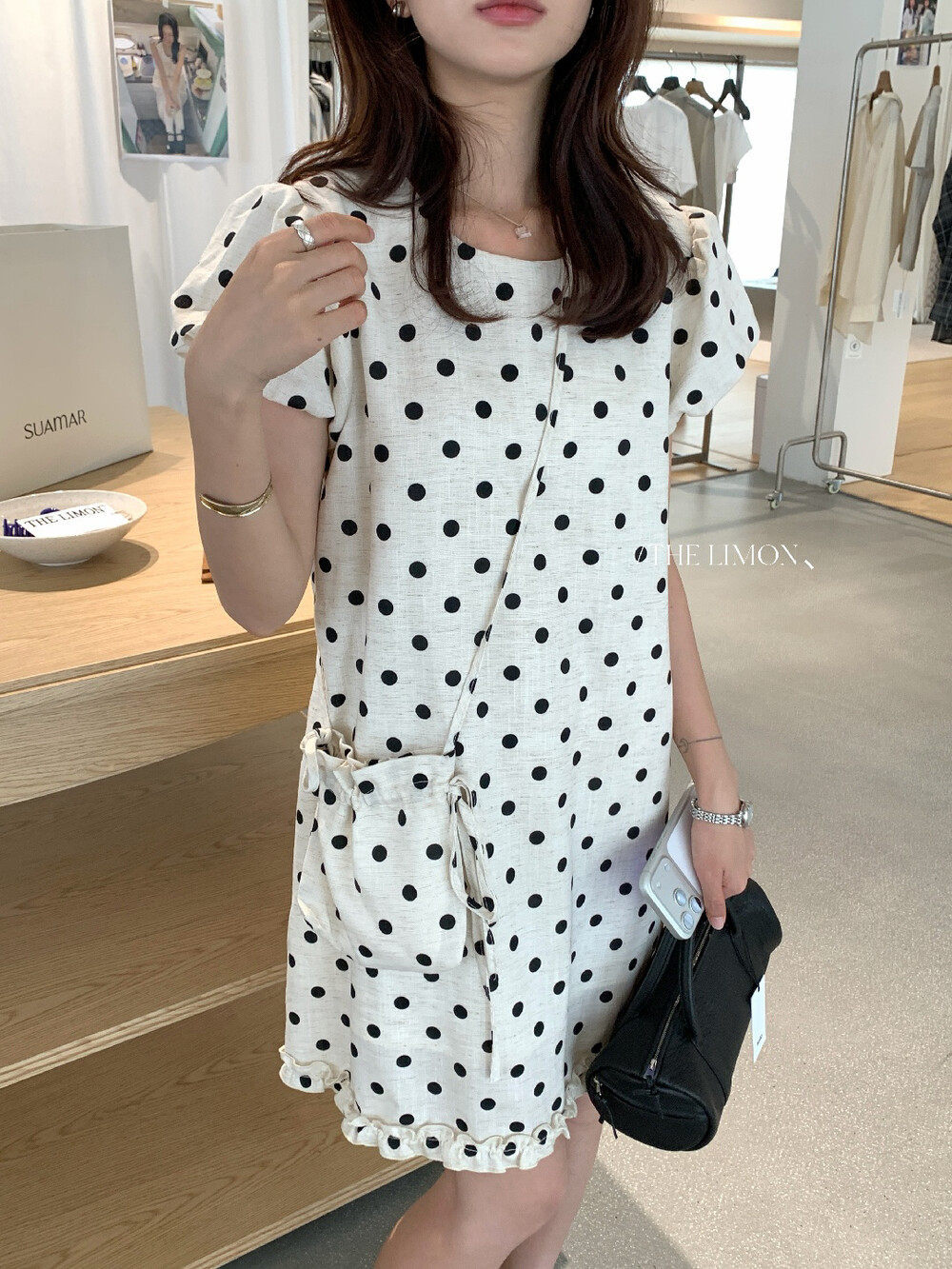 Đầm maxi nữ chất liệu tencel linen chấm bi tay bồng cổ điển — Gai mè chi tiết 31