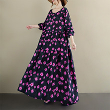 2025秋新品大码中老年妈妈装民族风圆领长袖宽松麻棉外贸连衣裙女