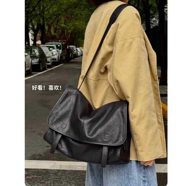 HHJBAG Vegetable-Tanned Sheepskin Messenger Bag Large Capacity Commuter Satchel for Women Retro Casual Shoulder Crossbody Bag - Thumbnail 3