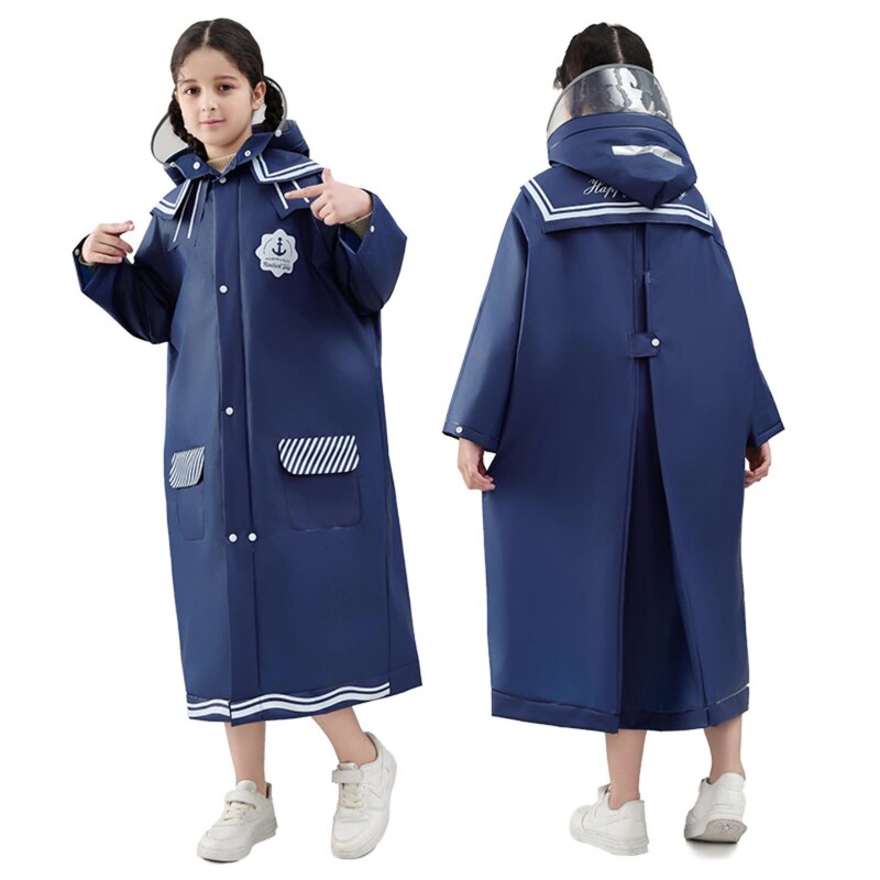 Children's Raincoat EVA Zipper Fashion Navy Style Primary and Secondary School Students with Schoolbag Seat Navy Collar Big Hat Brim Poncho