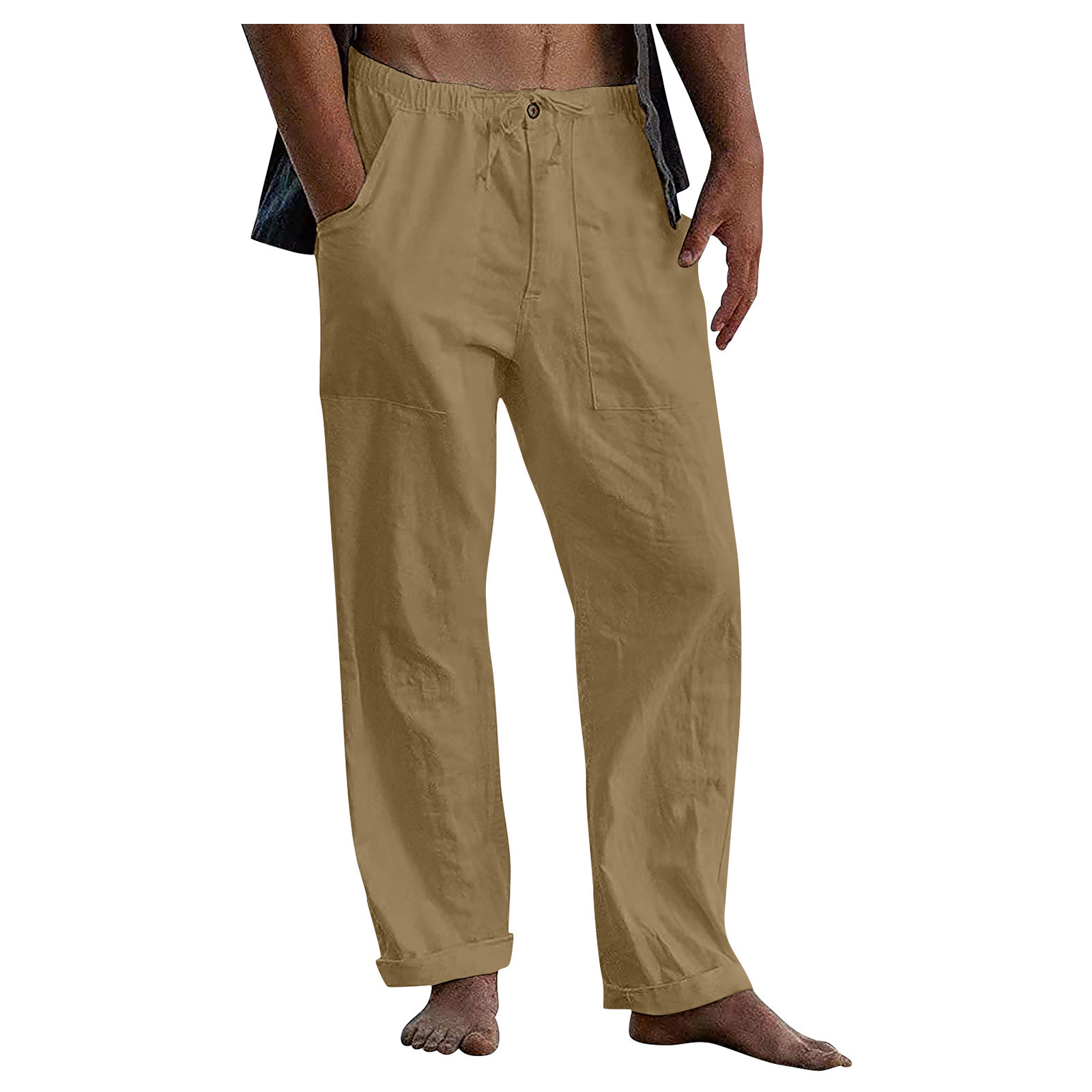 Pantalon long en lin pour homme, style yoga, plage, été décontracté, avec cordon de serrage à la taille et poches, collection européenne et américaine 2022_voghion.com