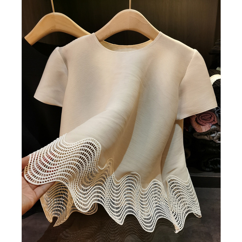 Gentle and Elegant Cut Out Lace Pleated Top New Korean Style Short-Sleeved Round Neck Wavy Edge T-Shirt for Women