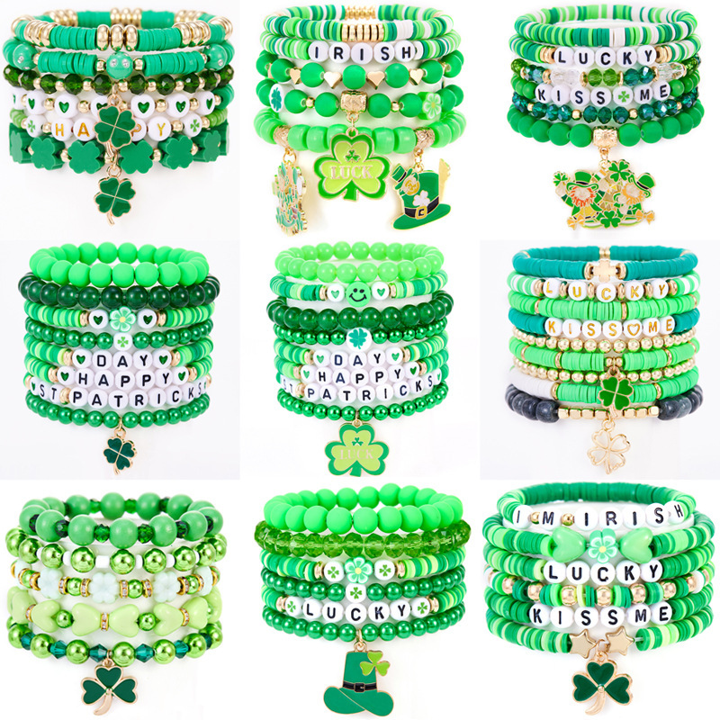 Irish Day Bracelet Small Fresh Green Flower Clover Smiley Face Letter St. Patrick's Day Bracelet Set
