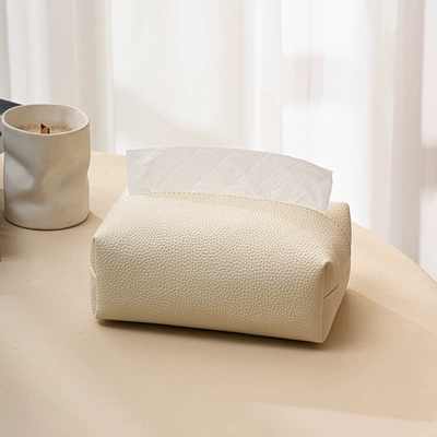 Light luxury small lychee pattern tissue storage box, solid color leather tissue bag, modern minimalist waterproof tissue box for living room (Car tissue box/set) - milkshake-white