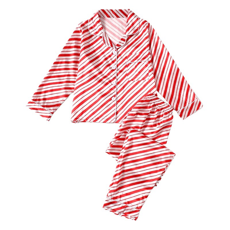 Navidad familia desgaste padre-niño desgaste Otoño e Invierno color sólido rayas satén seda artificial niños y niñas pijamas homewear traje