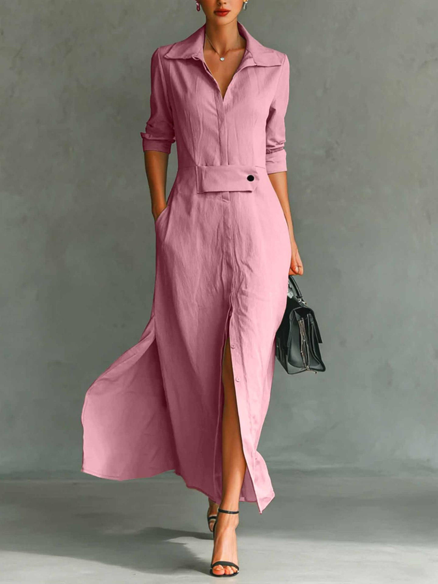 2026 European And American Cross-border Independent Station Long-sleeved Casual Elegant Slit Shirt Dress_ecoleips.com