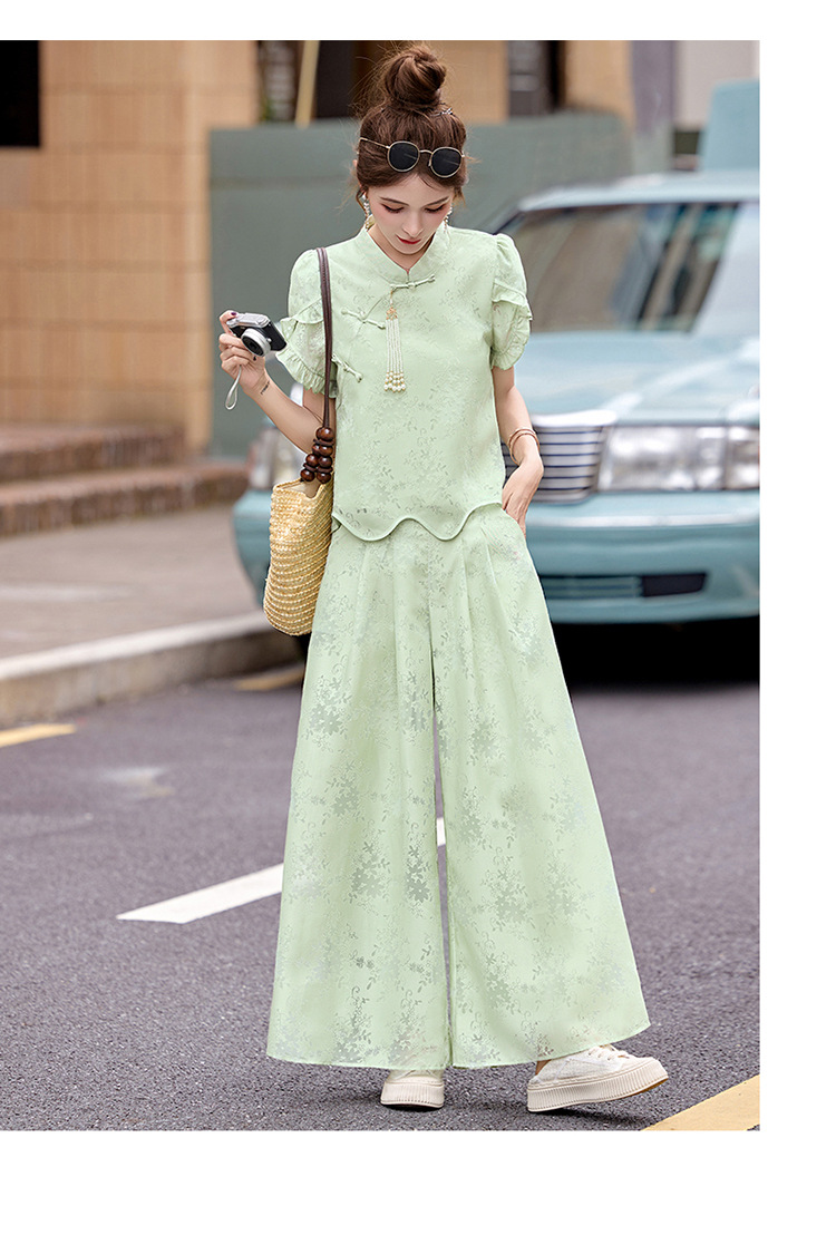 Bộ váy hai mảnh tay ngắn phong cách Trung Hoa cổ điển họa tiết jacquard mùa hè 2025 — Màu vàng be, Màu xanh lá chi tiết 26
