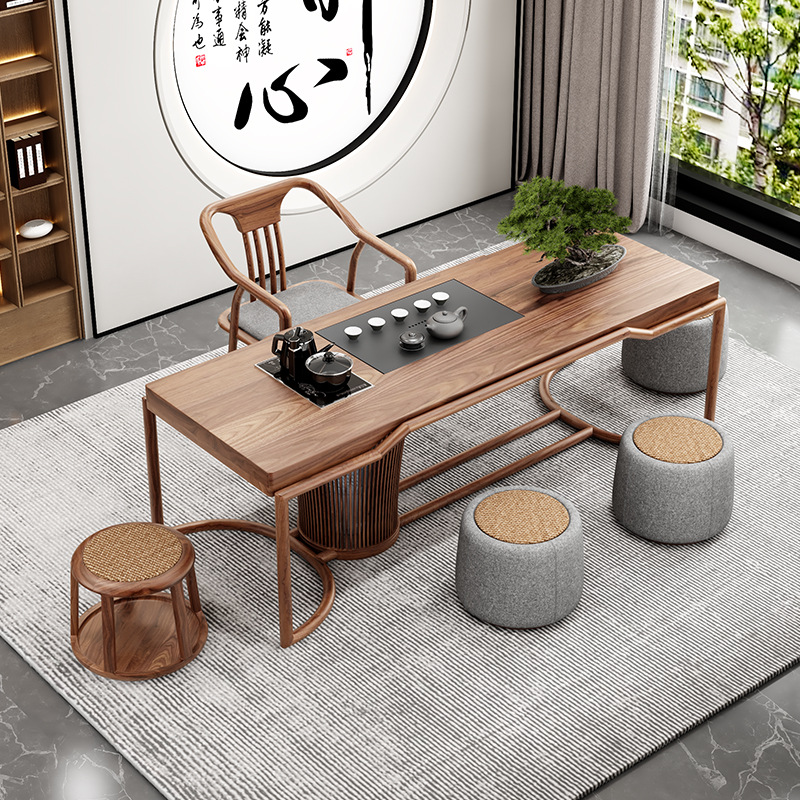 새로운 중국 스타일 단단한 나무 차 테이블과 의자 조합 검은 호두 차 테이블 젠 가구 사무실 단단한 나무 차 테이블
