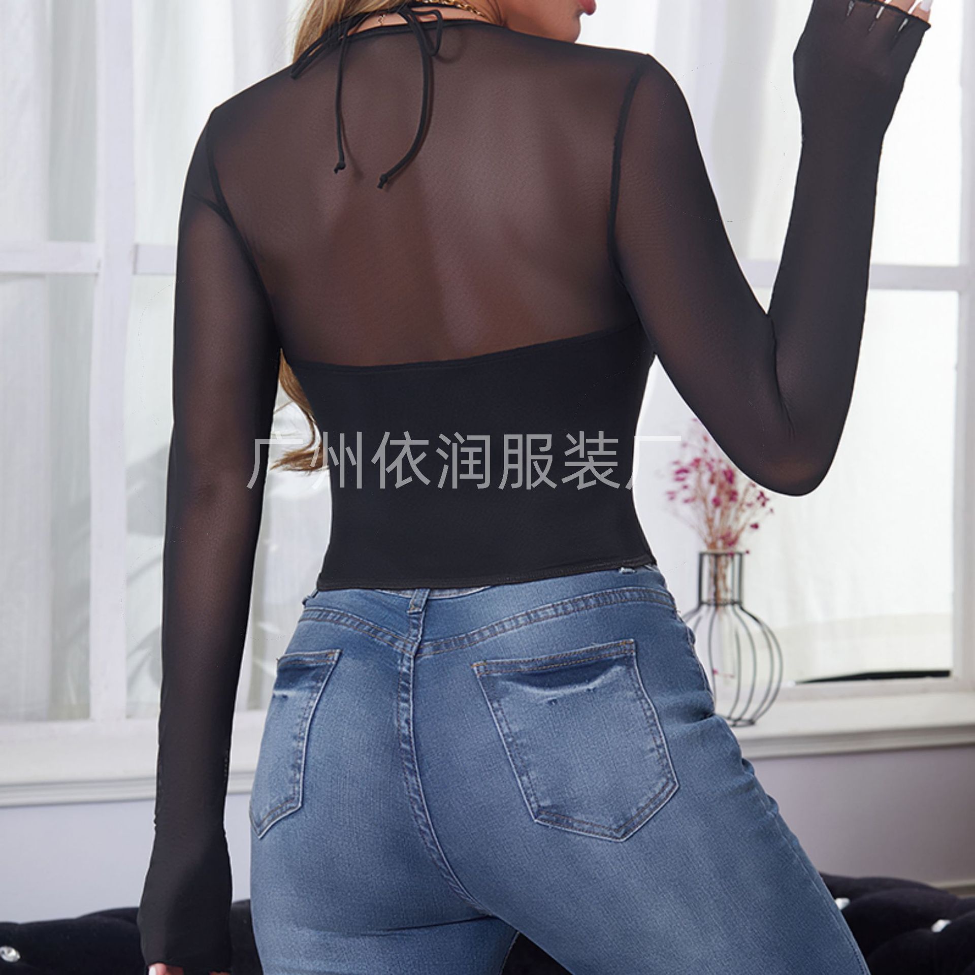 Comercio exterior Europa y Estados Unidos primavera y otoño nuevo chaqueta cuello cuello colgando anillo de acero de hueso de tiburón perspectiva sexy mostrando el pecho malla camisa de manga larga image 4