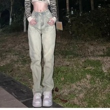 美式hiphop高街水洗做旧黄泥色直筒牛仔裤女百搭宽松显瘦拖地裤子