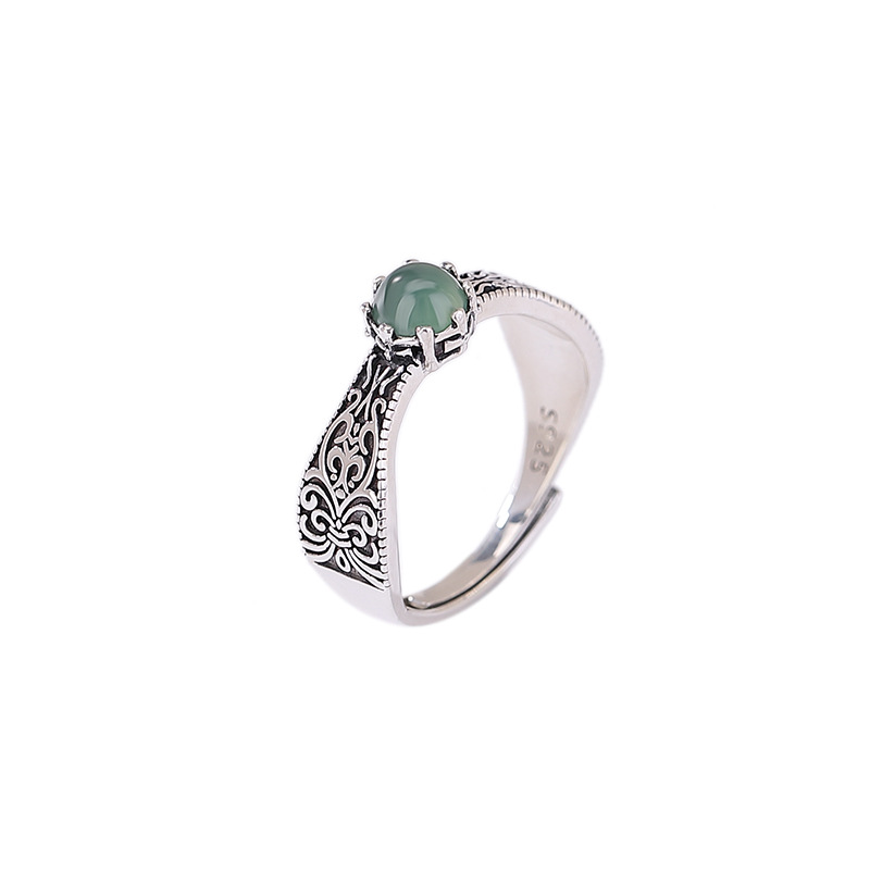 Nhẫn bạc S925 nữ đính đá ngọc bích xanh nước biển hạt tròn phong cách dân tộc — Một chiếc
