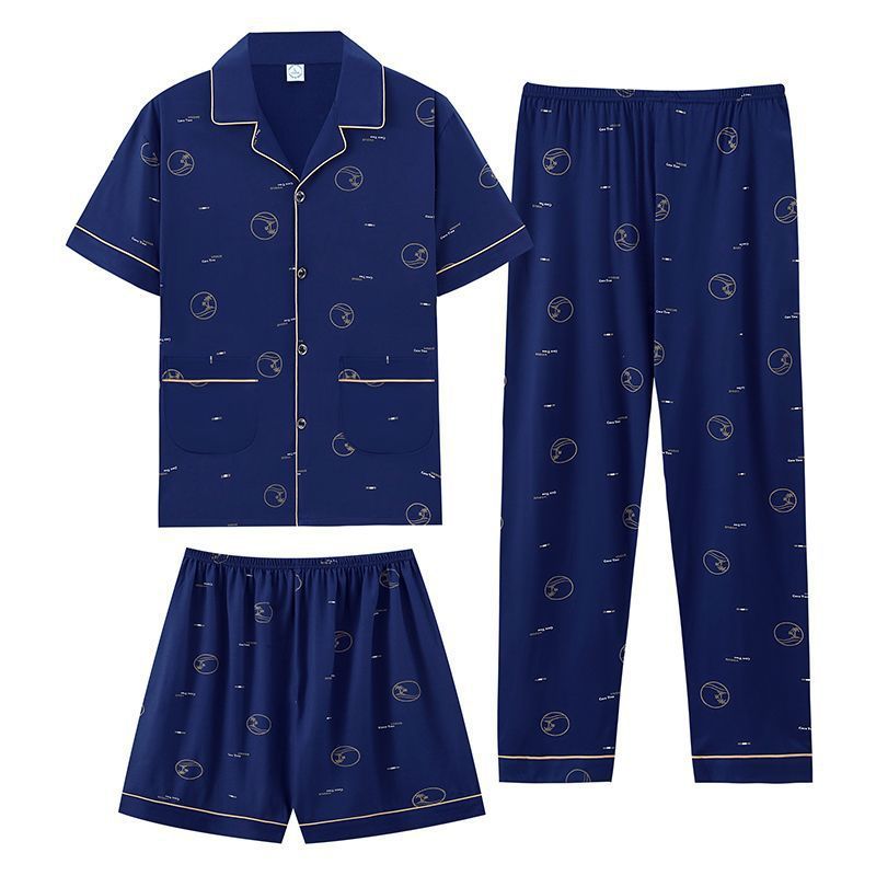 Pajamas de algodón de hombre verano pantalones de manga corta de tres piezas set 2024 nuevo conjunto de ropa casera pantalones cortos delgados tamaño más grande
