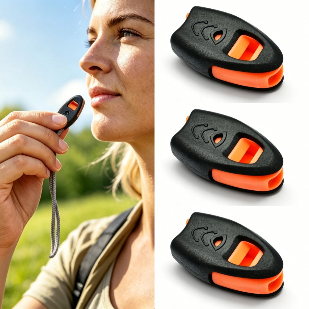 High-decibel plastic whistle with rope clip, outdoor sports survival whistle, black and orange portable model