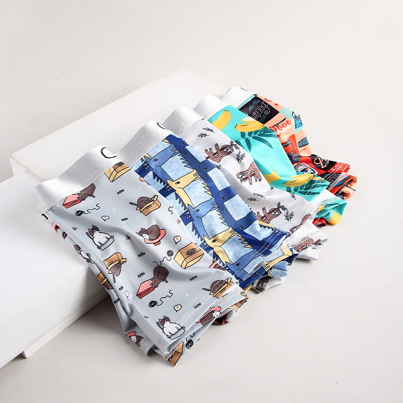 Wholesale men's ice silk printed underwear, student loose four-sided pants, cute cartoon straight-leg pants, cool feeling briefs