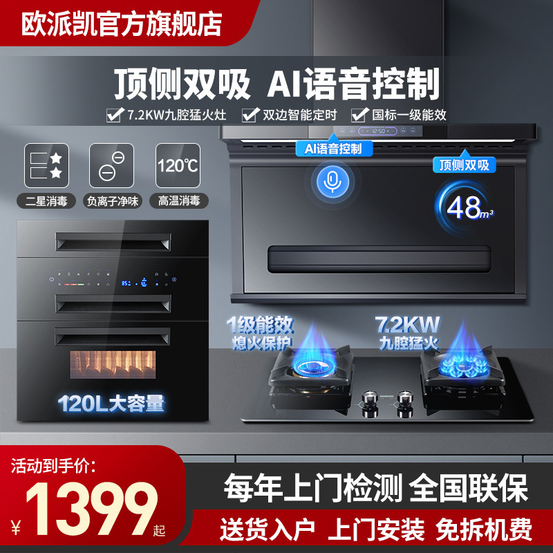 Top Side Double Suction Range Hood Gas Stove Package Kitchen Household Large Suction Variable Frequency Smoke Stove suit