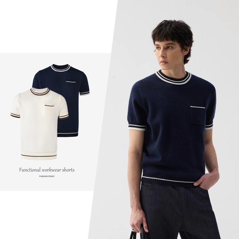 【Csmy】Blue and White Contrasting Color Soft-Touch Casual Knit Round-Neck Short-Sleeve T-Shirt Terraincog