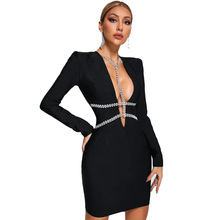 欧美春秋新款女装长袖弹力镶钻深V领名媛派对女西装裙绷带礼服裙