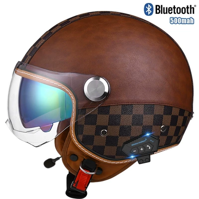 double mirror helmet, Motosiklet kaskı (dəbilqə) - checkerboard-brown-short-outside-and-color-insidebluetooth-m