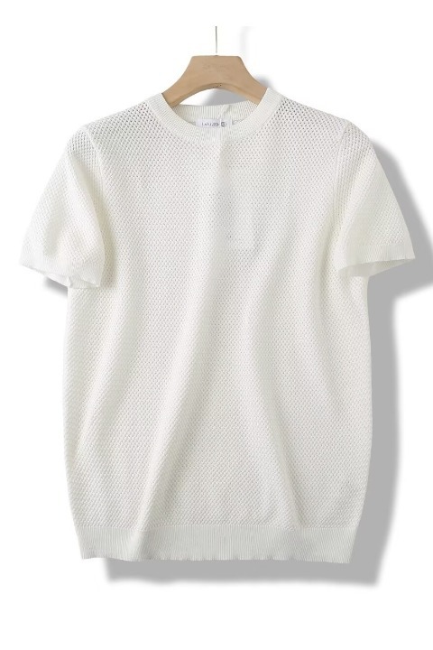 Men's Pineapple Knit T-Shirt – Breathable Textured Short Sleeve Top With Drop Shoulder & Retro Geometric Stripes (M-3XL)​_voghion.com