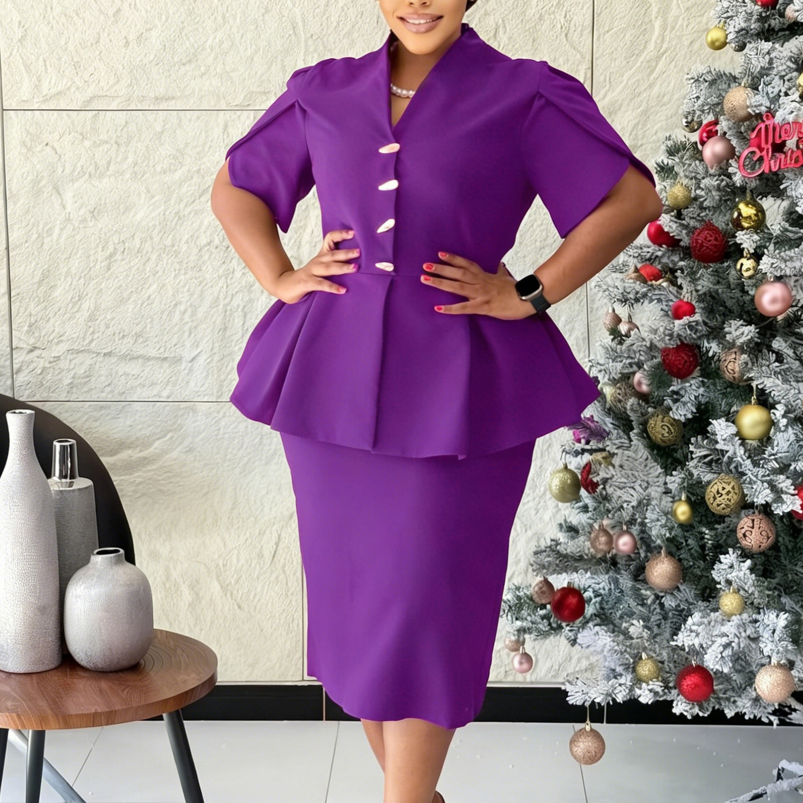 Elegant Plus Size African Dress Slim Fit Ruffled V Neck Short Sleeve Fashionable for Parties and Events Wholesale