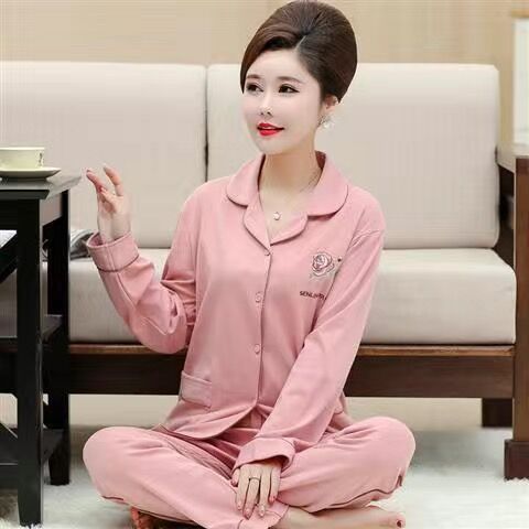 Pijama de algodón 100% de primavera y otoño de las mujeres de manga larga de mediana edad mamá cardigan más tamaño de mediana edad y ancianos traje de desgaste para el hogar