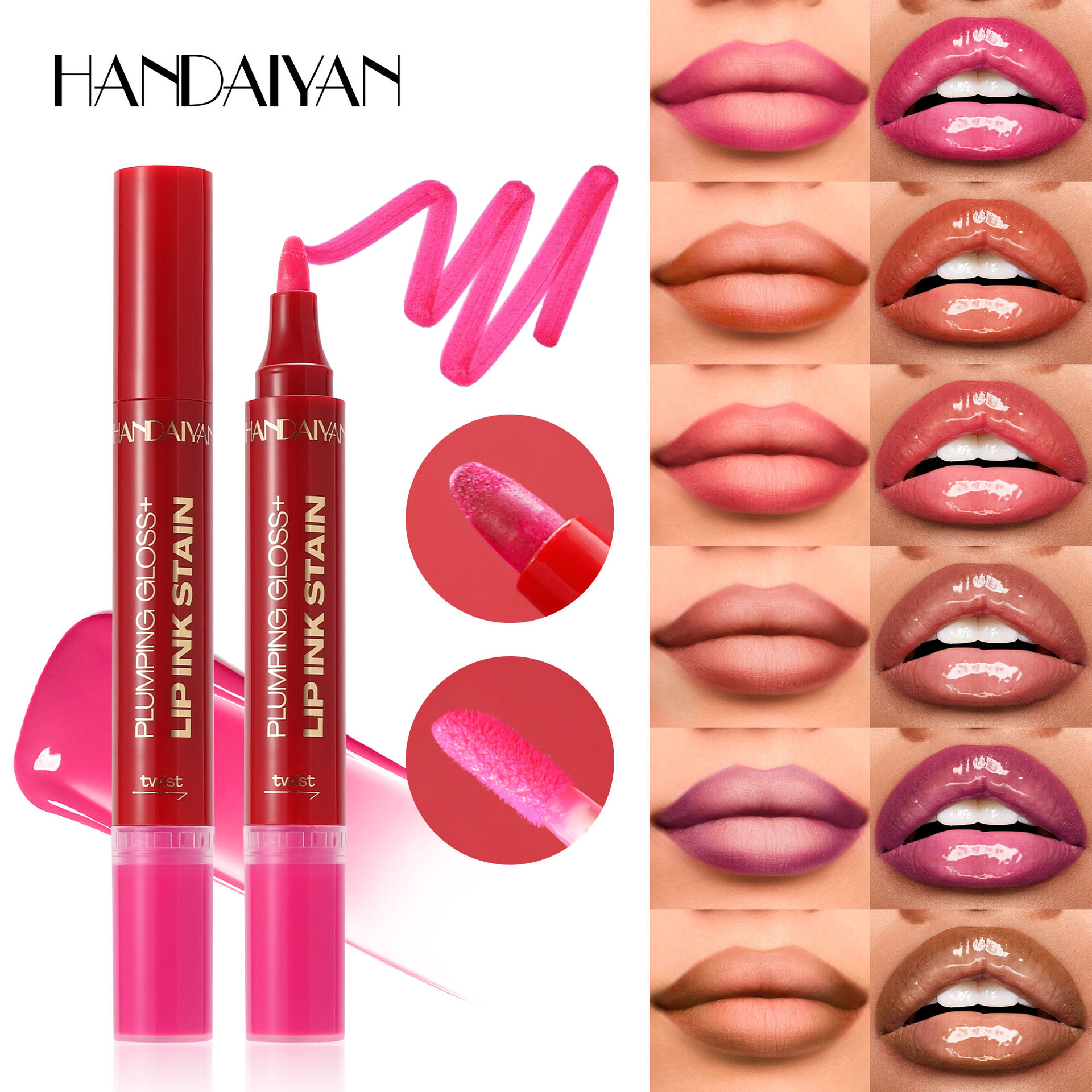 Cross-Border Double-Ended Lip Pencil Watercolor Lip Liner Handaiyan Lip Oil Lip Gloss in Stock Wholesale 6 Colors Double-Ended Lip Pencil