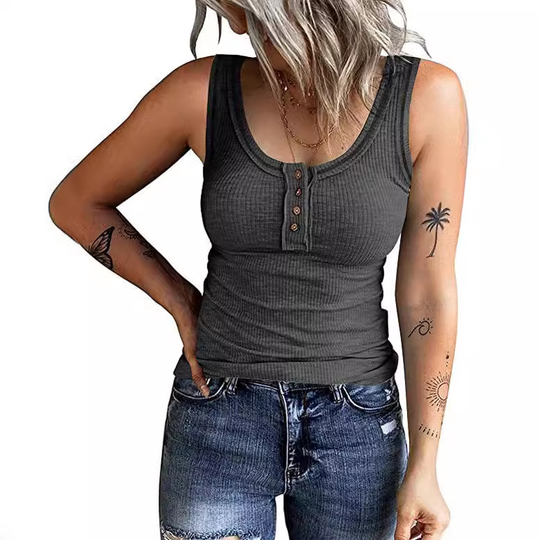 2022 Amazon desea otoño nuevo europeo y americano transfronterizo Botón de las mujeres chaleco color cuello en V manga larga Camiseta top image 3