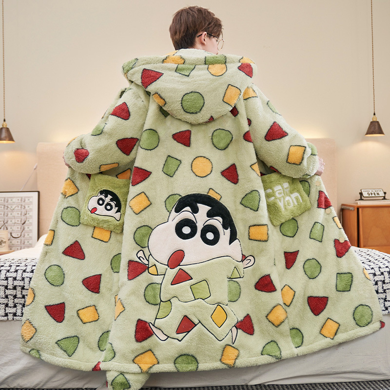 Autumn and Winter New Cartoon Xiaoxin Coral Velvet Pajamas Thickeneded Warm Long Nightgown Can Be Worn Outside Men's Home Clothes Sets