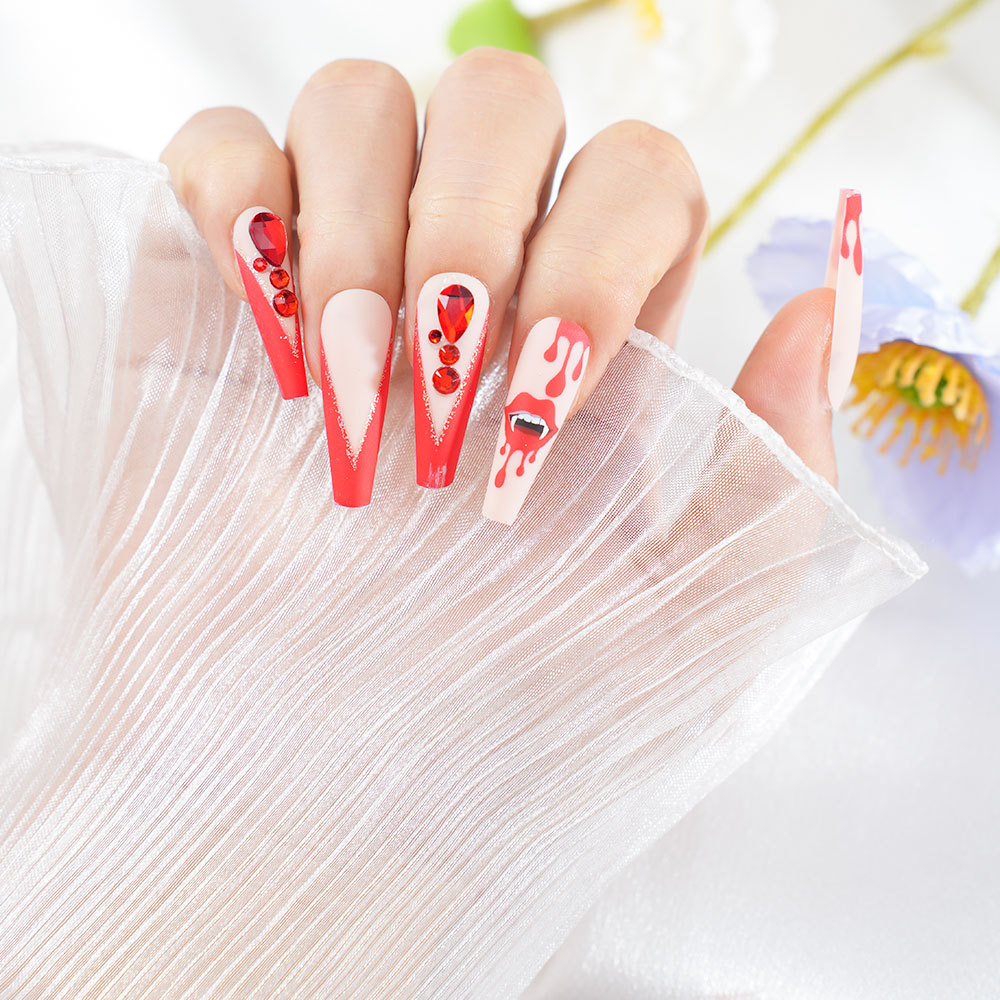 Cross-Border Wholesale Flame Red Lip Bridal Manicure Removable European and American Long Diamond Jelly Glue Wearable Nails