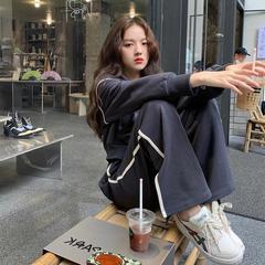 2024春秋韓国版スポーツスーツ女性ファッション香港風フード付きスウェットコートワイドパンツ2点セットファッション