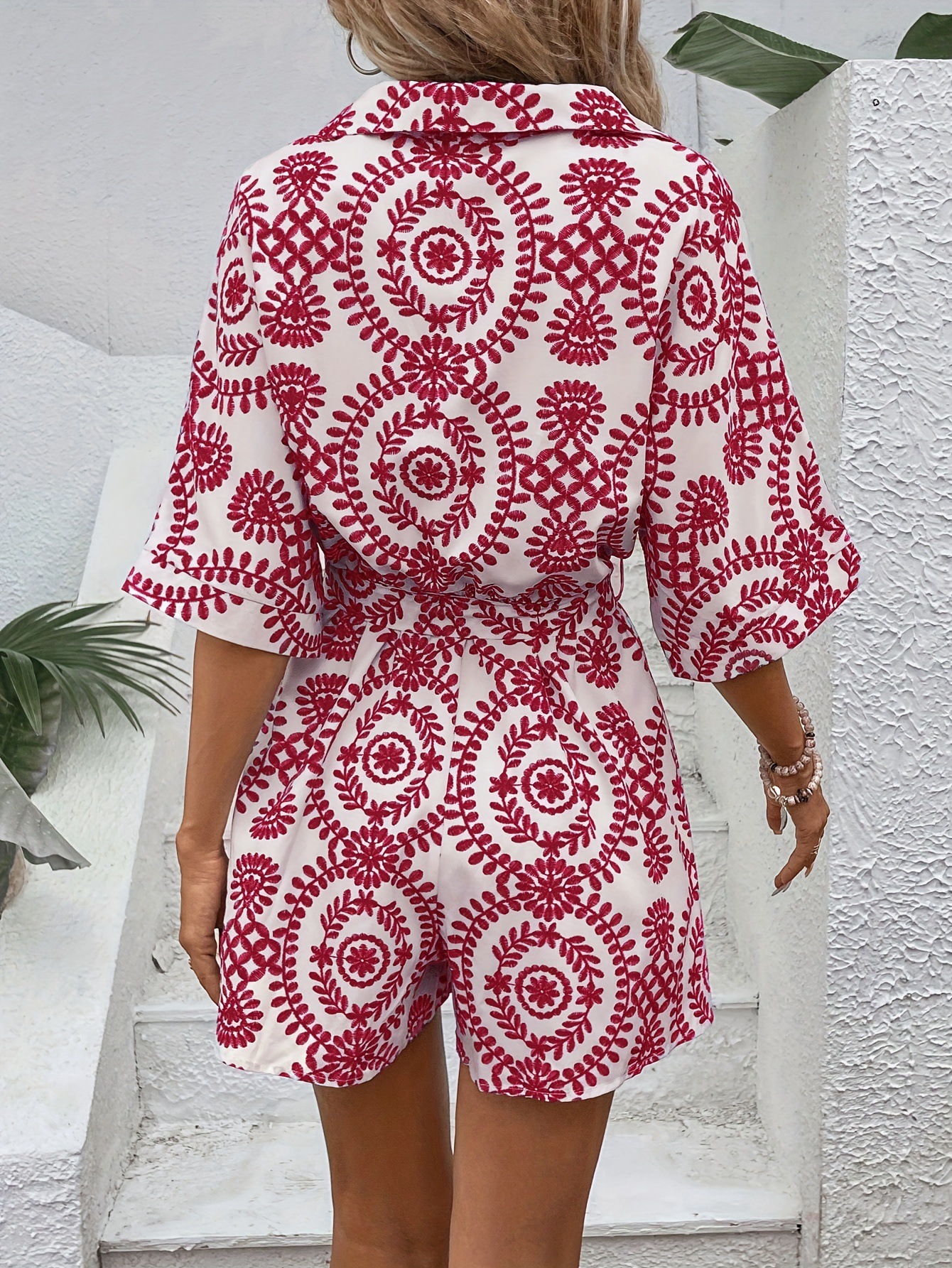 210g Weight Half Sleeve Sleeve Length Shorts Pants Length Polyester, Hemp Fabric Type Mid Waist Waist Line Rompers Pants Type Micro-Elastic Elasticity Bodysuits Tops Type Holiday, Daily Occasion Regular Fit Fit Type Printing Pattern Summer Season Women's Gender Vacation Style Women's Holiday Daily Bodysuits Vacation Printing Shorts Rompers 11
