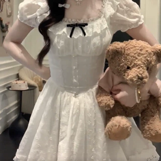 初恋白月光短袖掐腰小个子连衣裙女夏日绝美甜色公主蓬蓬裙子女装