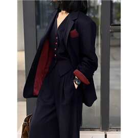 2026西装套装春秋女设计感宽松西装马甲阔腿裤通勤时尚三件套外套