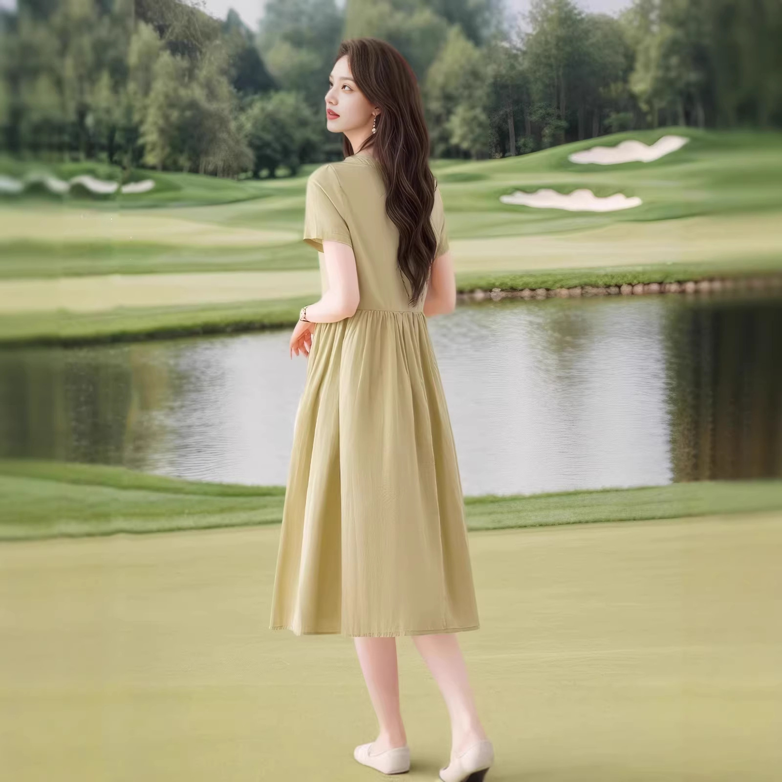 Váy chữ A ngắn tay thắt eo công sở dáng suông — Xanh lá cây nhạtcolor chi tiết 2