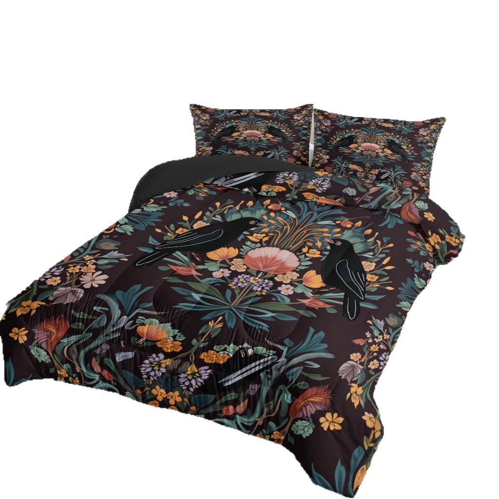 TEMU / JIT transfronterizo colorido patrón y pájaros impresión digital HD 180gms suave colcha colcha almohada set