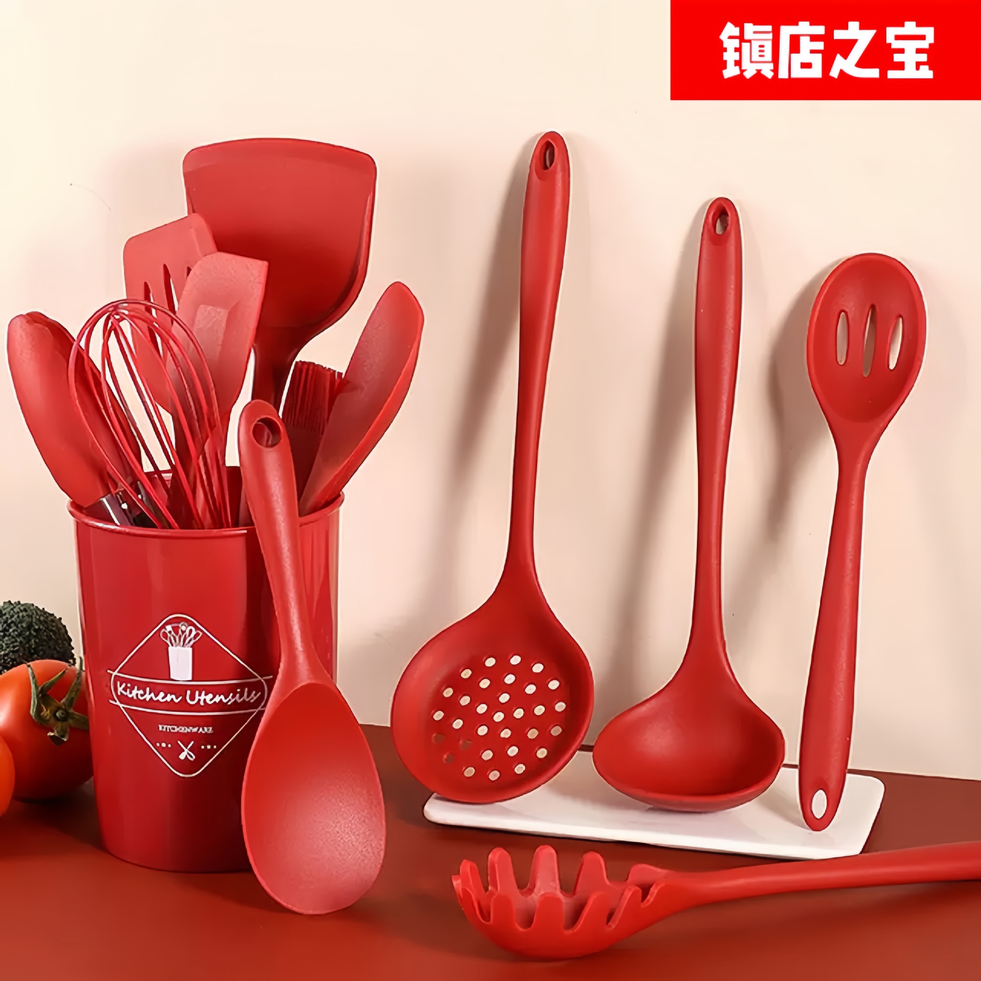 全包硅胶厨具套装 带收纳桶硅胶锅铲汤勺漏勺饭勺食物夹油刷刮刀