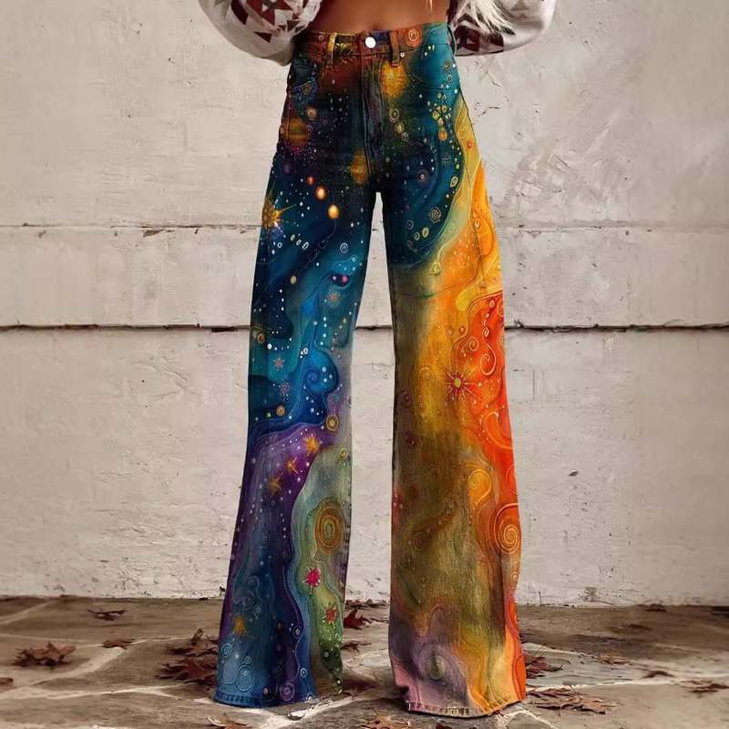 2025 Cross-Border Popular Women's Trousers 3D Digital Printing Trousers Women's Imitation Jeans Casual Large Size Flared Trousers Casual