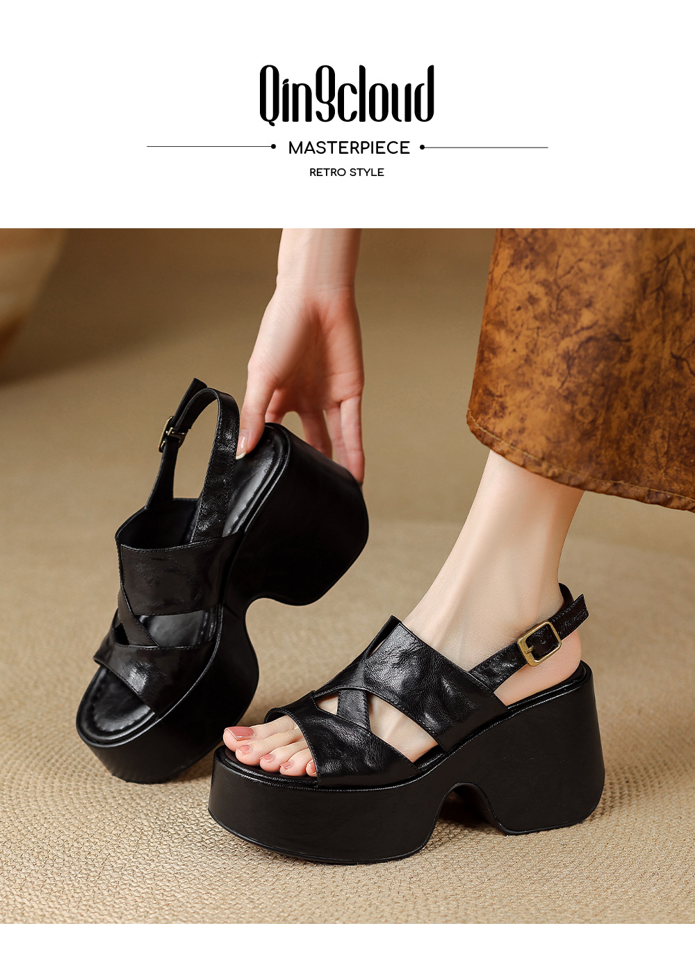 Sandal cao gót nữ đế platform da lộn quai ngang gót 9 cm — Da cừu đen lật, Da cừu đen chi tiết 1