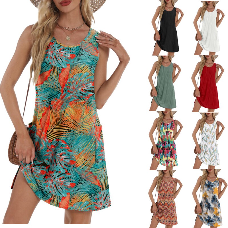 2025 European and American Foreign Trade Cross-border Women's Clothing Amazon Explosions Eyelet Printing Casual Sleeveless Vest Pocket dress